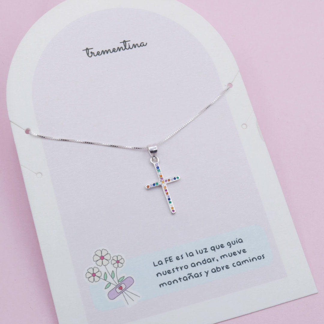 Collar de Plata Cruz Arcoíris Mediana
