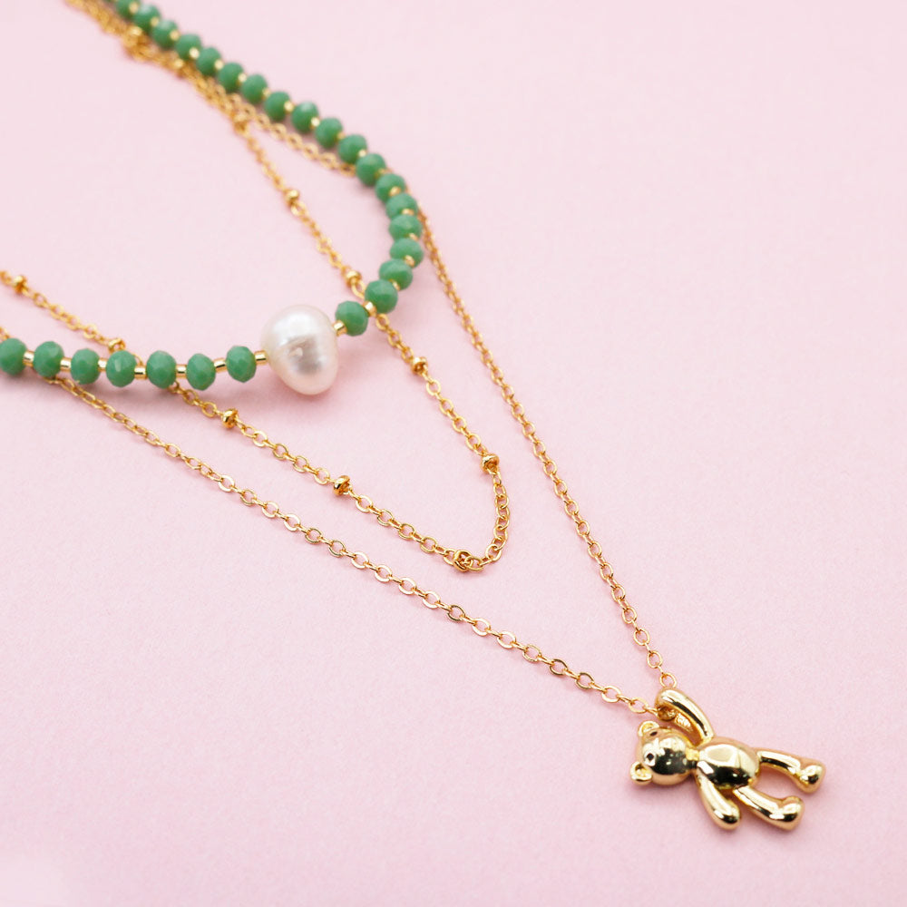 Collar Triple Dorado Perla Oso