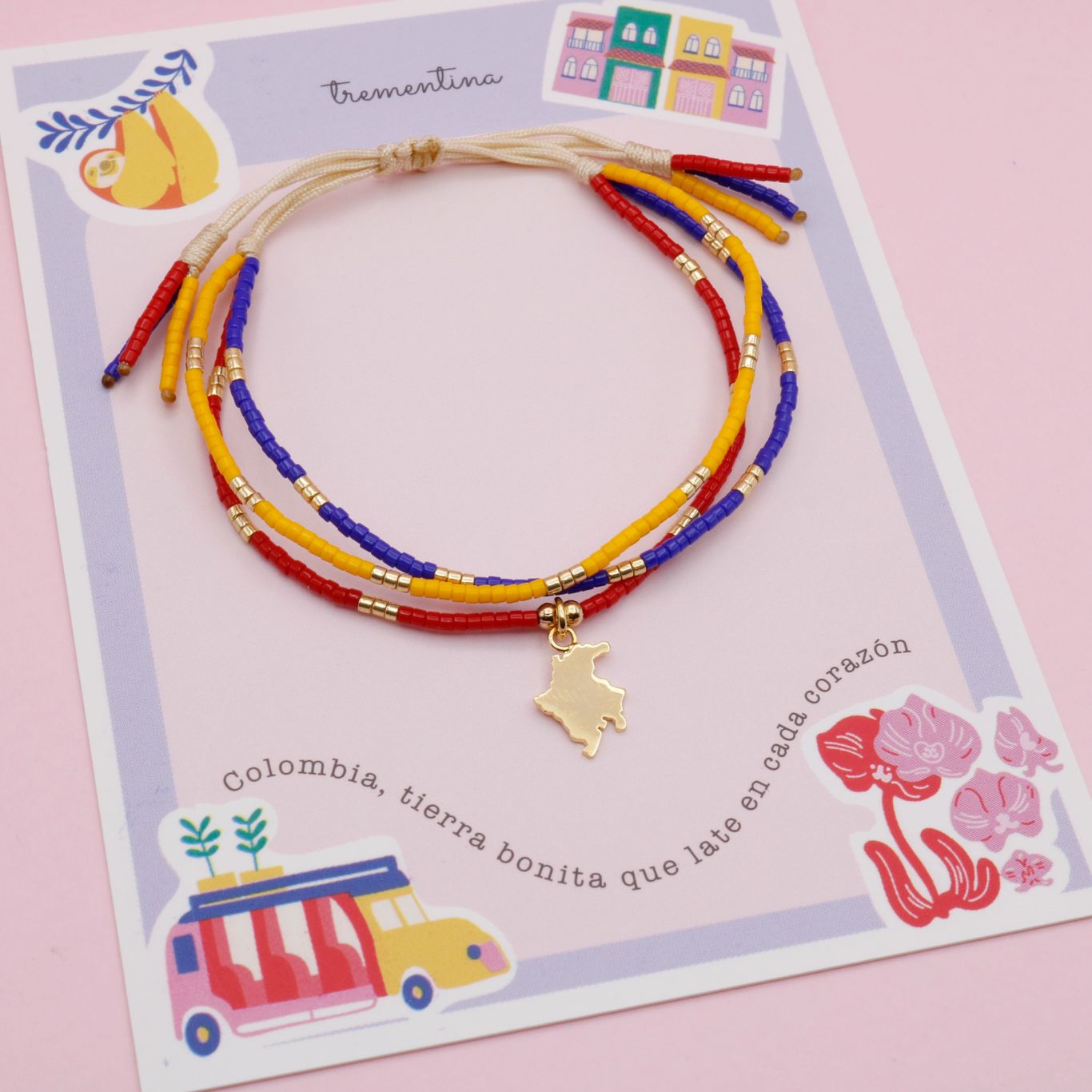 Pulsera Triple Colombia en Miyuki con Dije Dorado