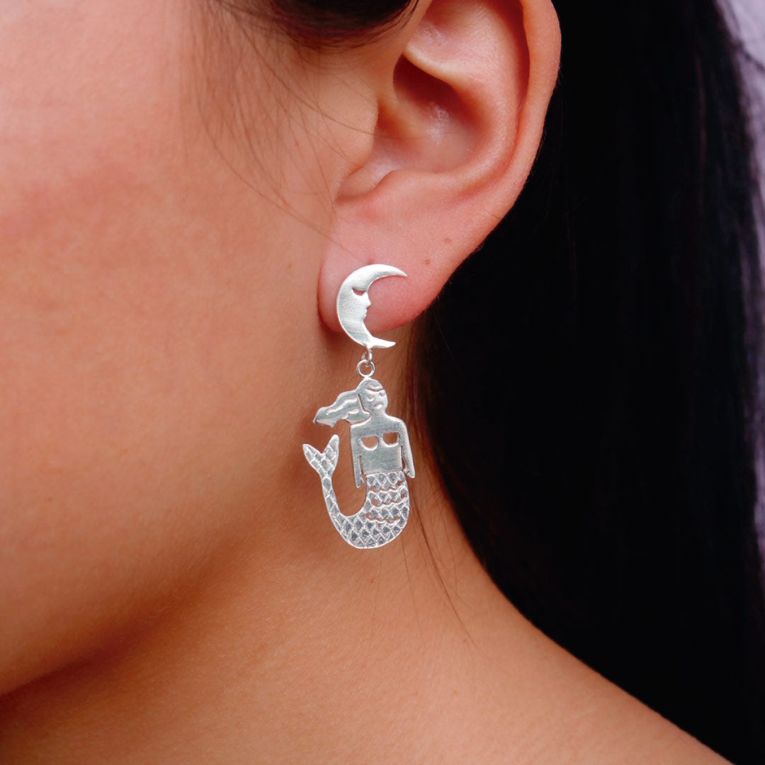 Aretes Luna Sirena en Plata