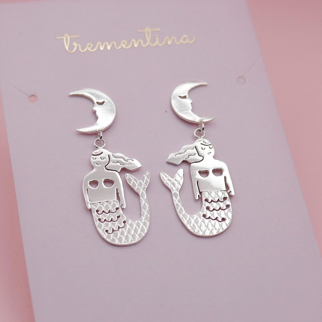 Aretes Luna Sirena en Plata