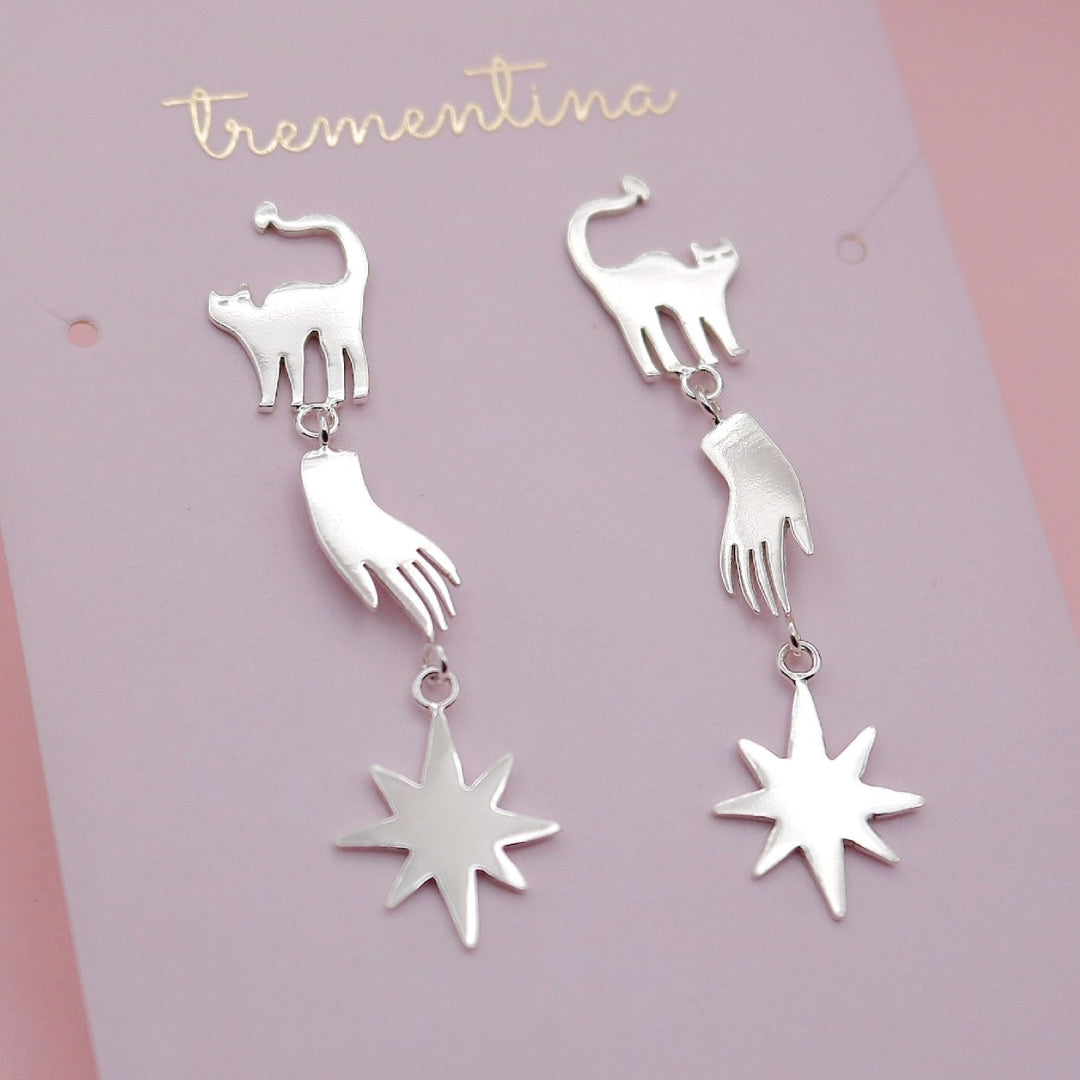 Aretes Largos Gato Mano Estrella