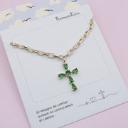Collar Dorado Cruz Verde Esmeralda