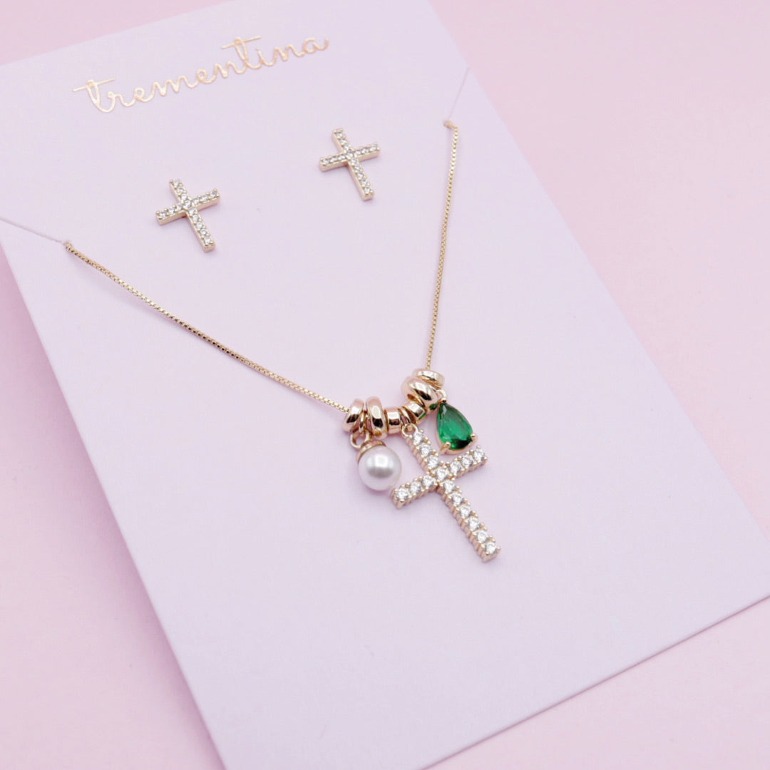Set Dorado Fe y Esperanza Piedra Verde