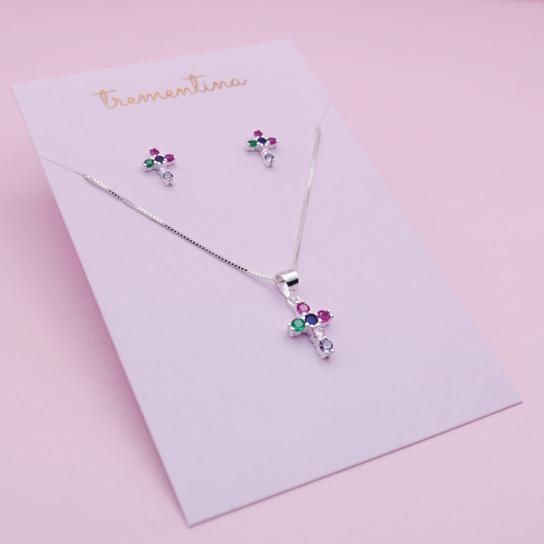Juego de Joyas Cruz de Colores en Plata