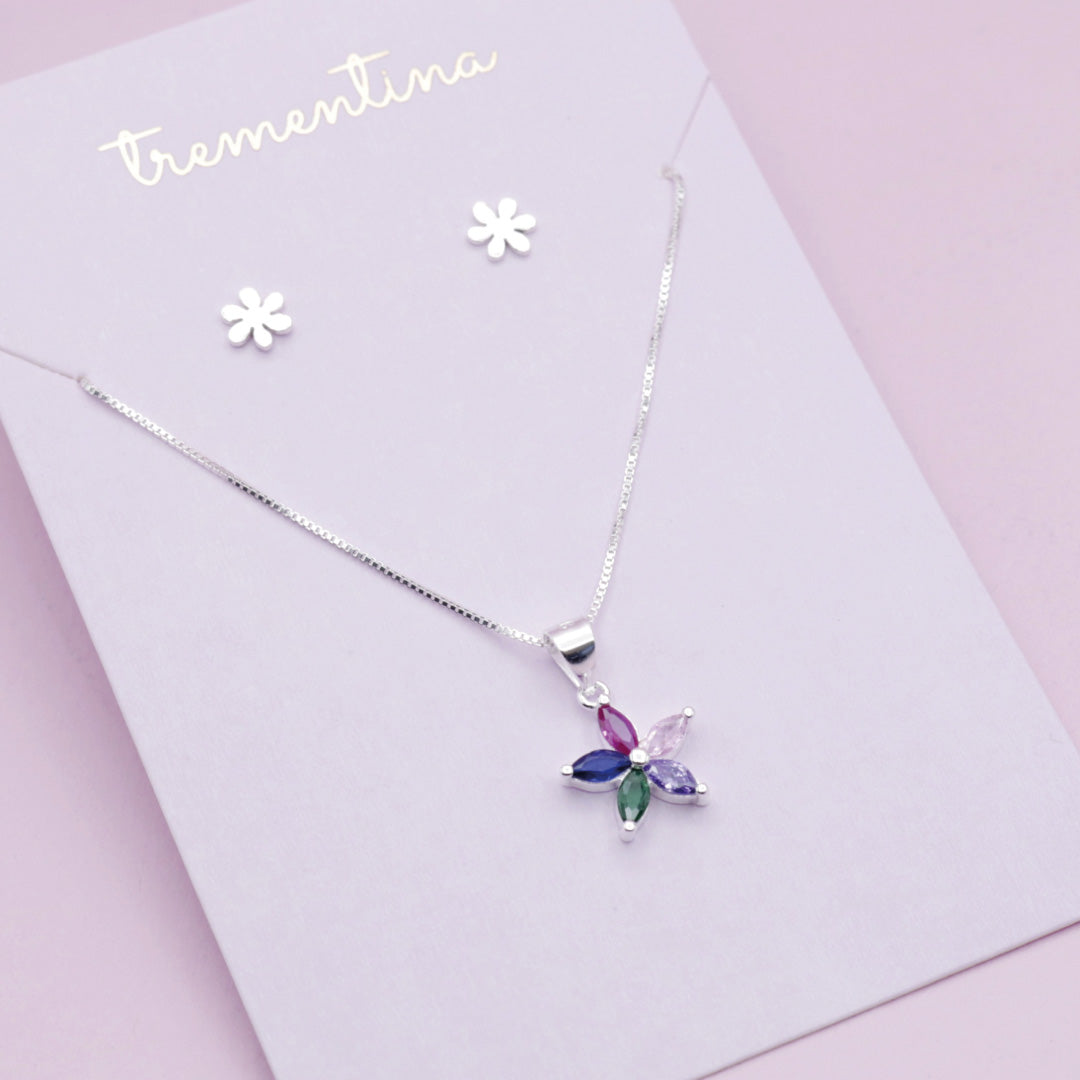 Juego de Joyas Flor Arcoíris en Plata