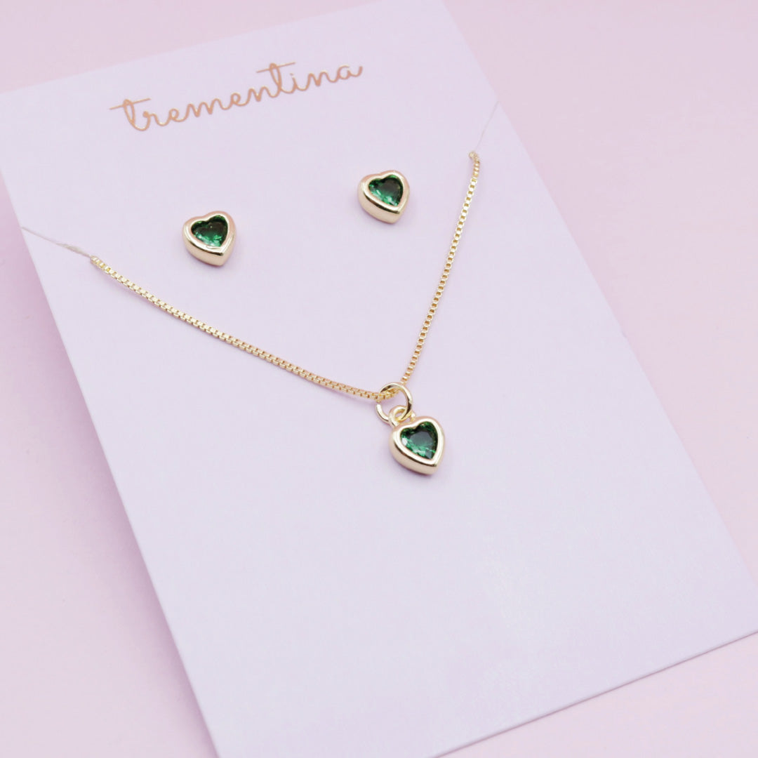Juego de Joyas Corazón Verde Esmeralda Dorado