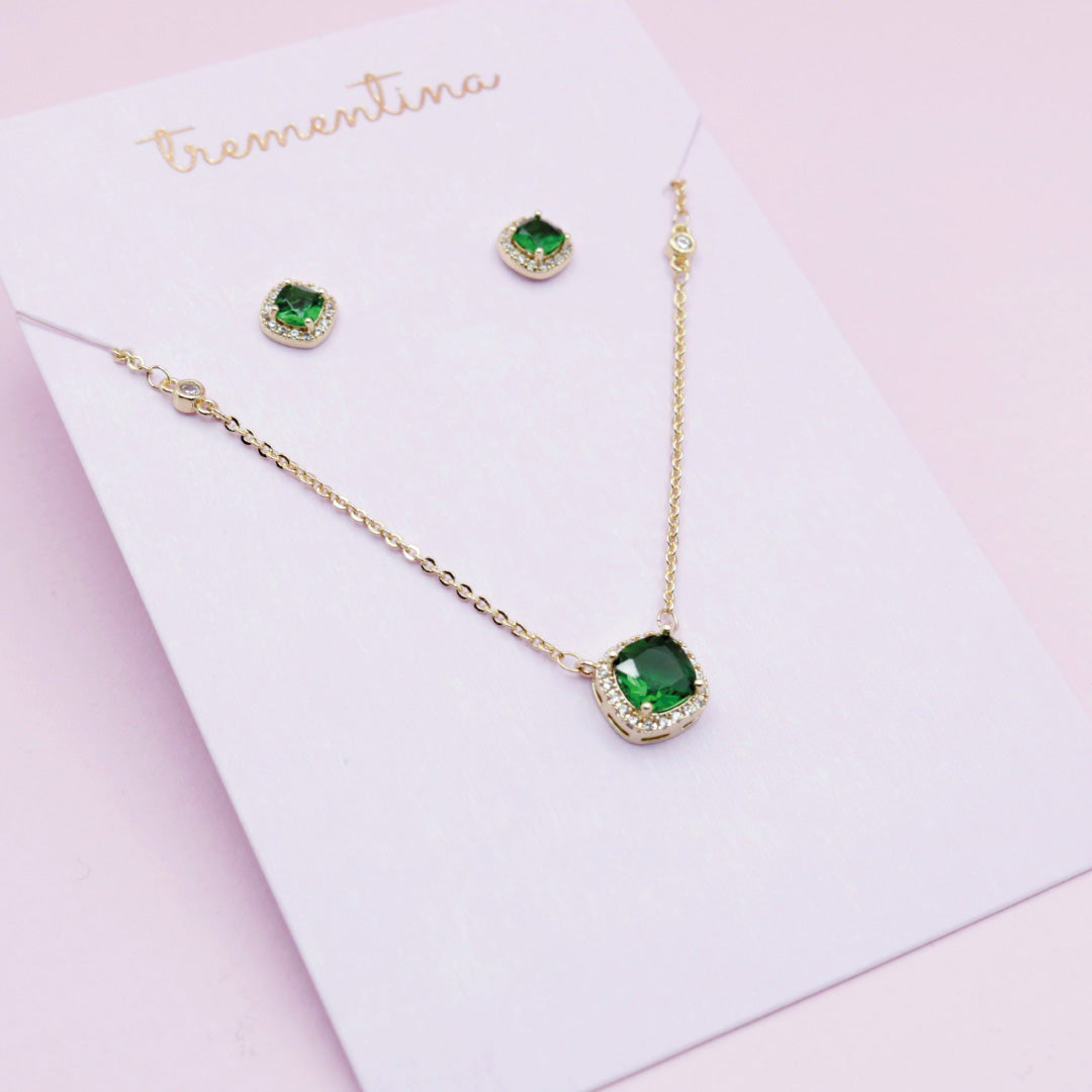 Juego de Joyas Cuadrado Verde Esmeralda Dorado