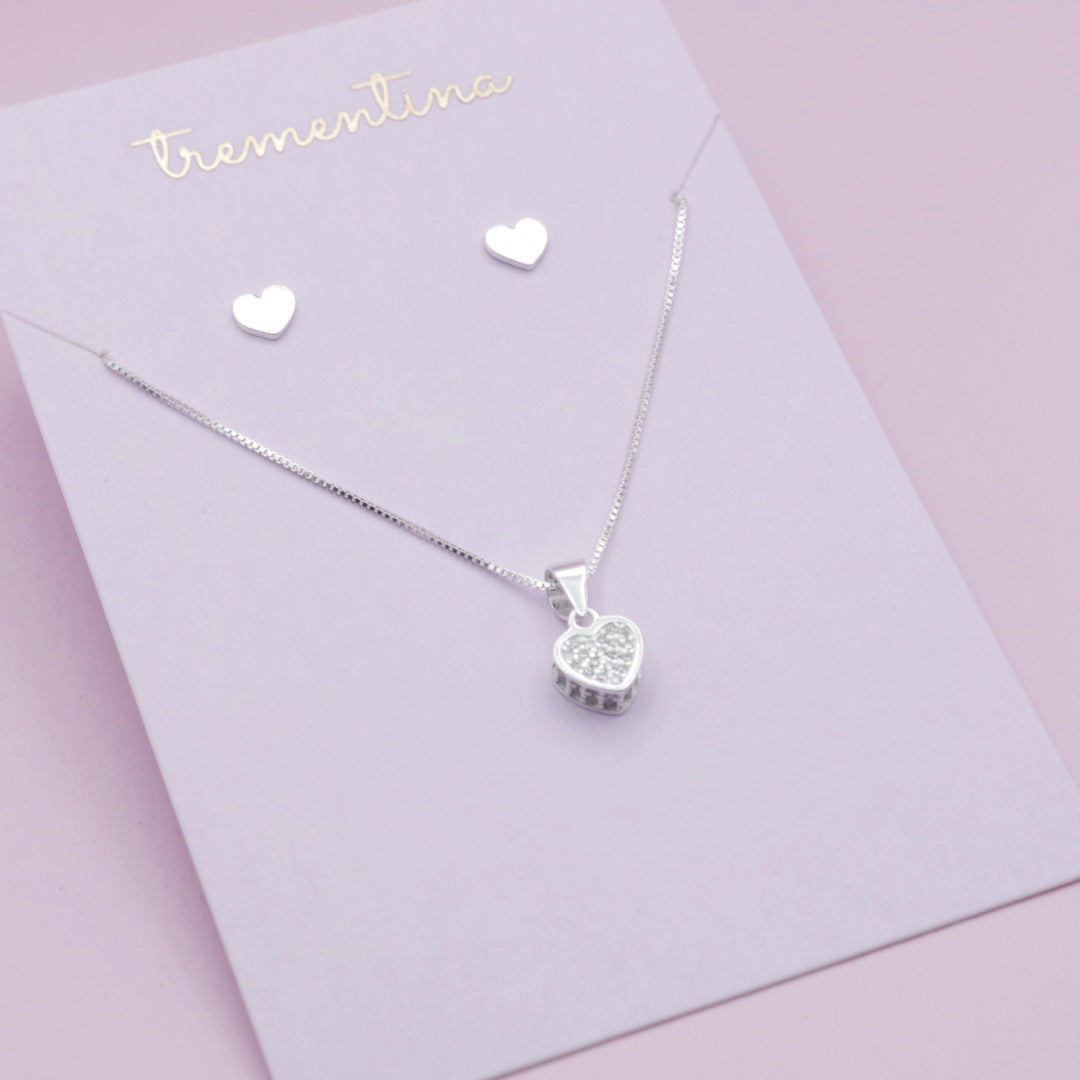 Juego de Joyas Mini Corazón Brillante en Plata