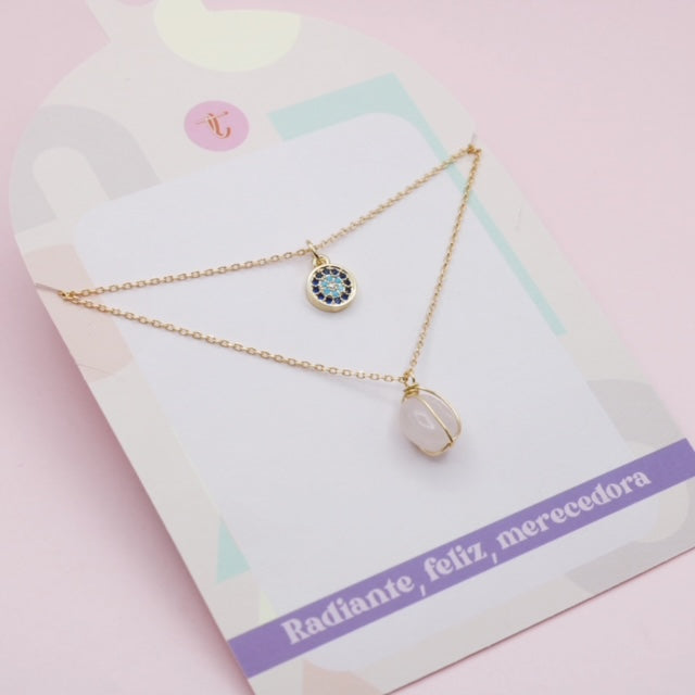 Collar Dorado Doble Ojo y Cuarzo Rosa