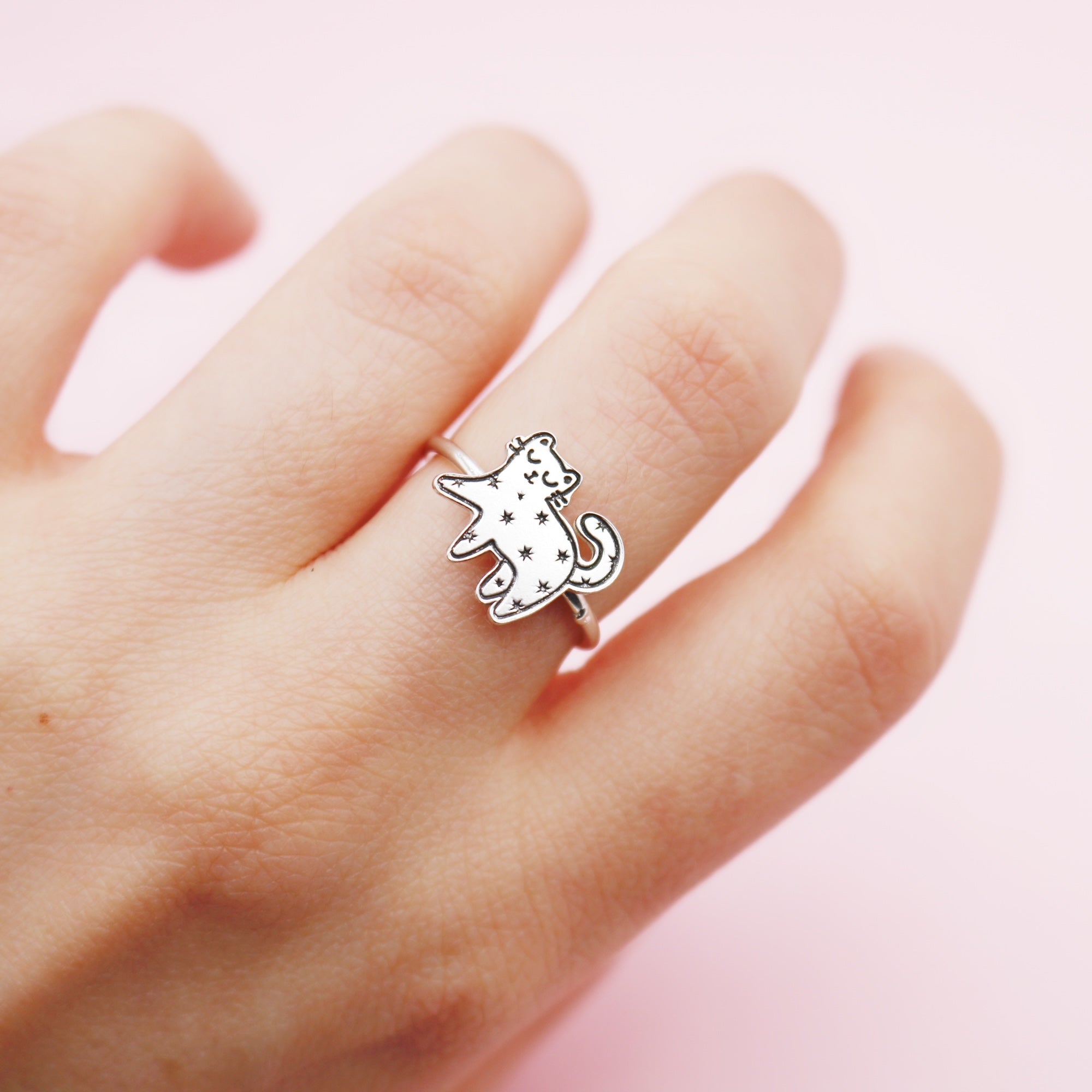 Anillo De Plata Gatico Estrellado