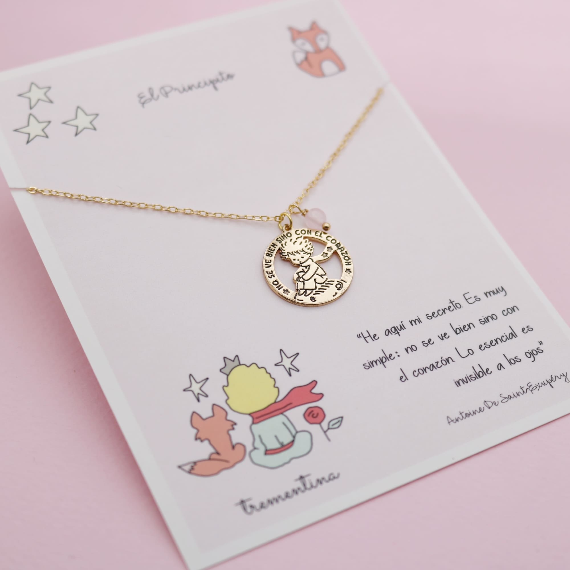 Collar Dorado "El Principito" con Cuarzo Rosa