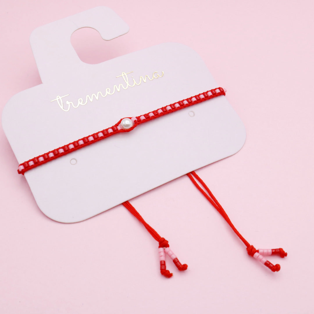 Pulsera Tejida Roja con Perla Central