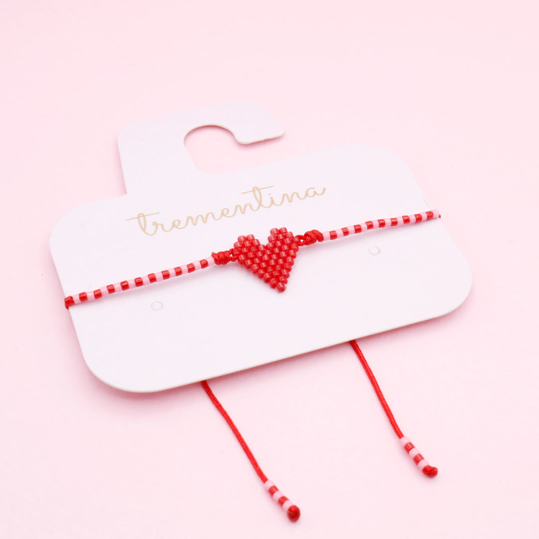 Pulsera Sencilla Mostacilla Corazón Rojo