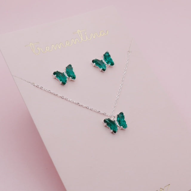 Set en Plata Mariposas Verde Esmeralda