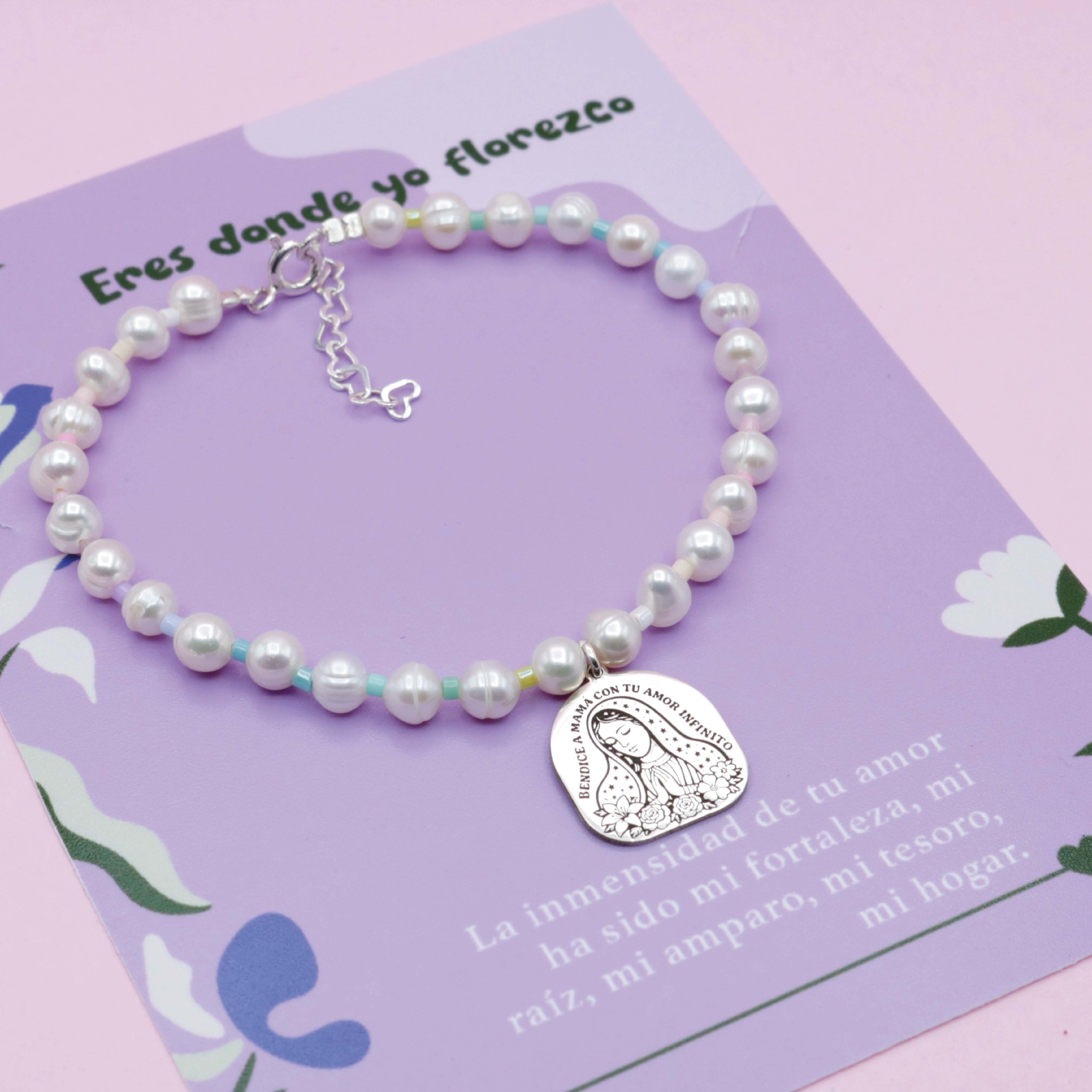 Pulsera Medalla Virgen con Perla en Plata