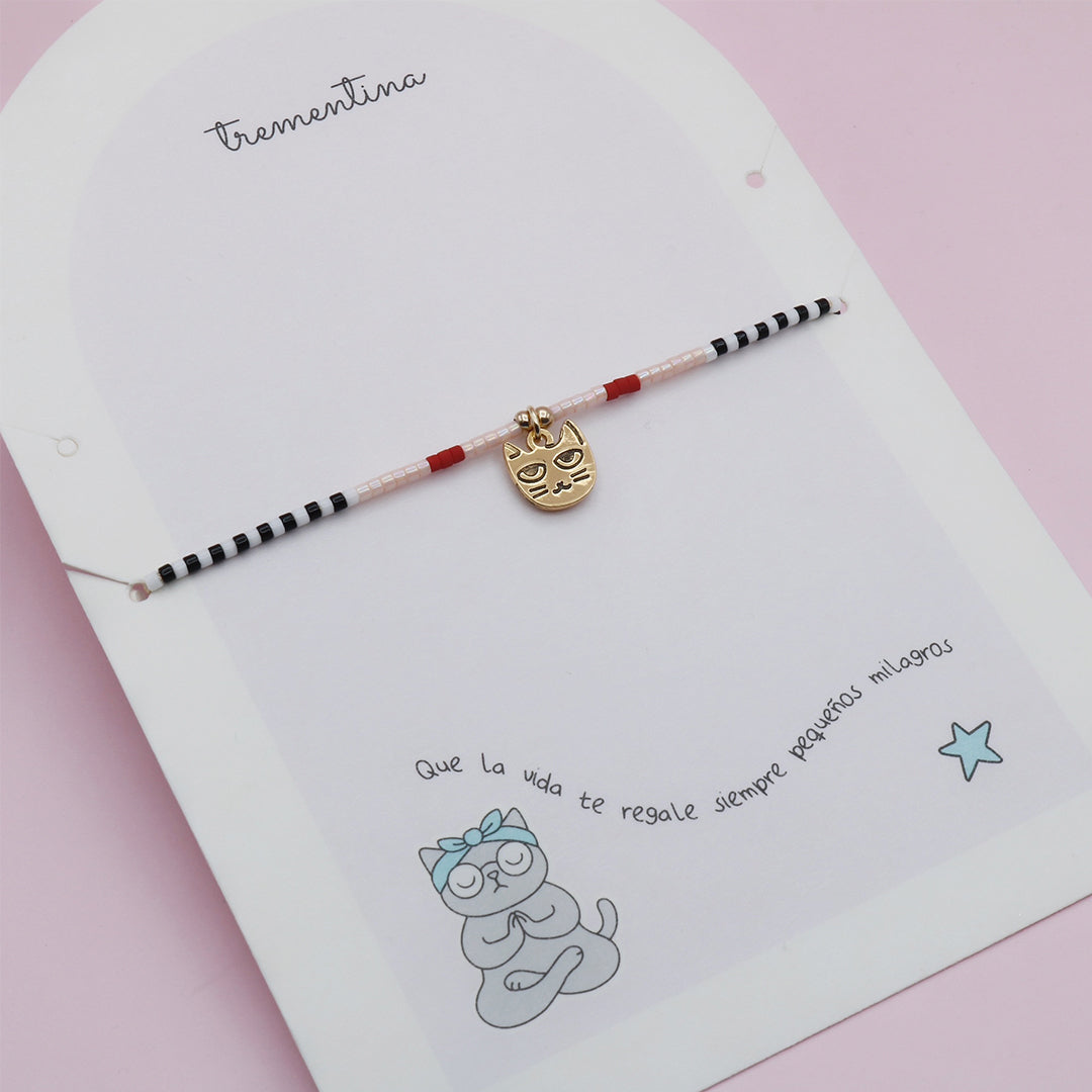 Pulsera Sencilla Mostacilla Gatico Mago Dorado