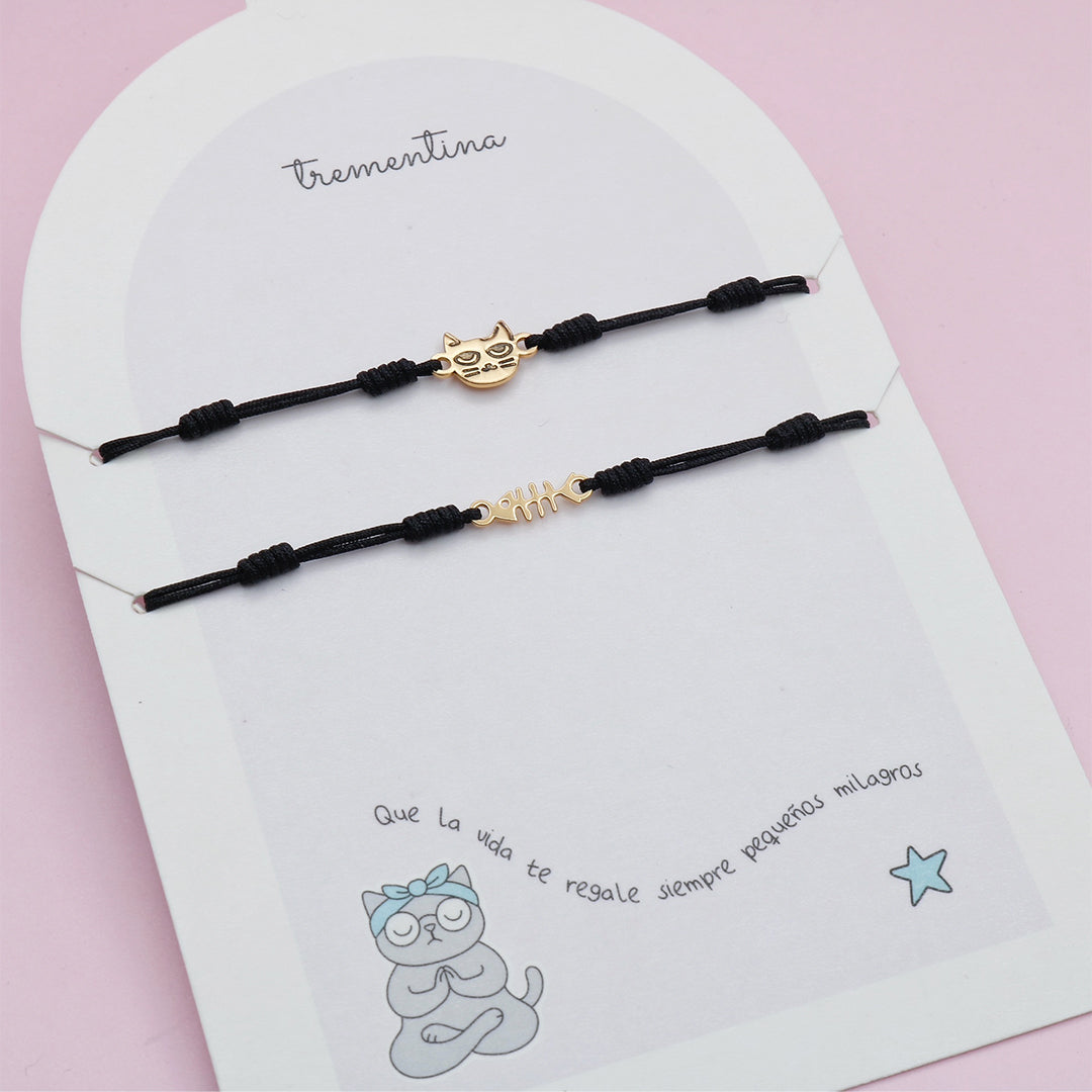 Set de Pulseras Gatico Mago y Pez en Dorado