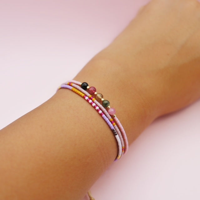 Pulsera Hilo Mostacilla Cuarzo Turmalina Sandía