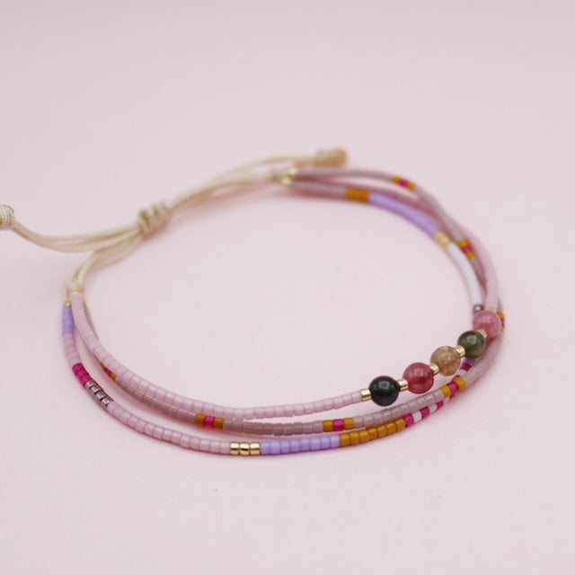 Pulsera Hilo Mostacilla Cuarzo Turmalina Sandía